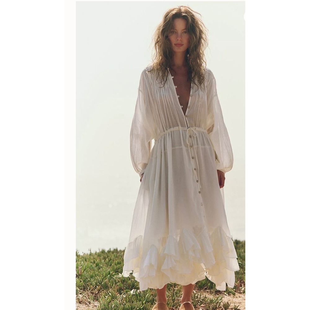 Free People Cream Maxi Button-Front Ruffled Bohemian Sea La Vie Dress